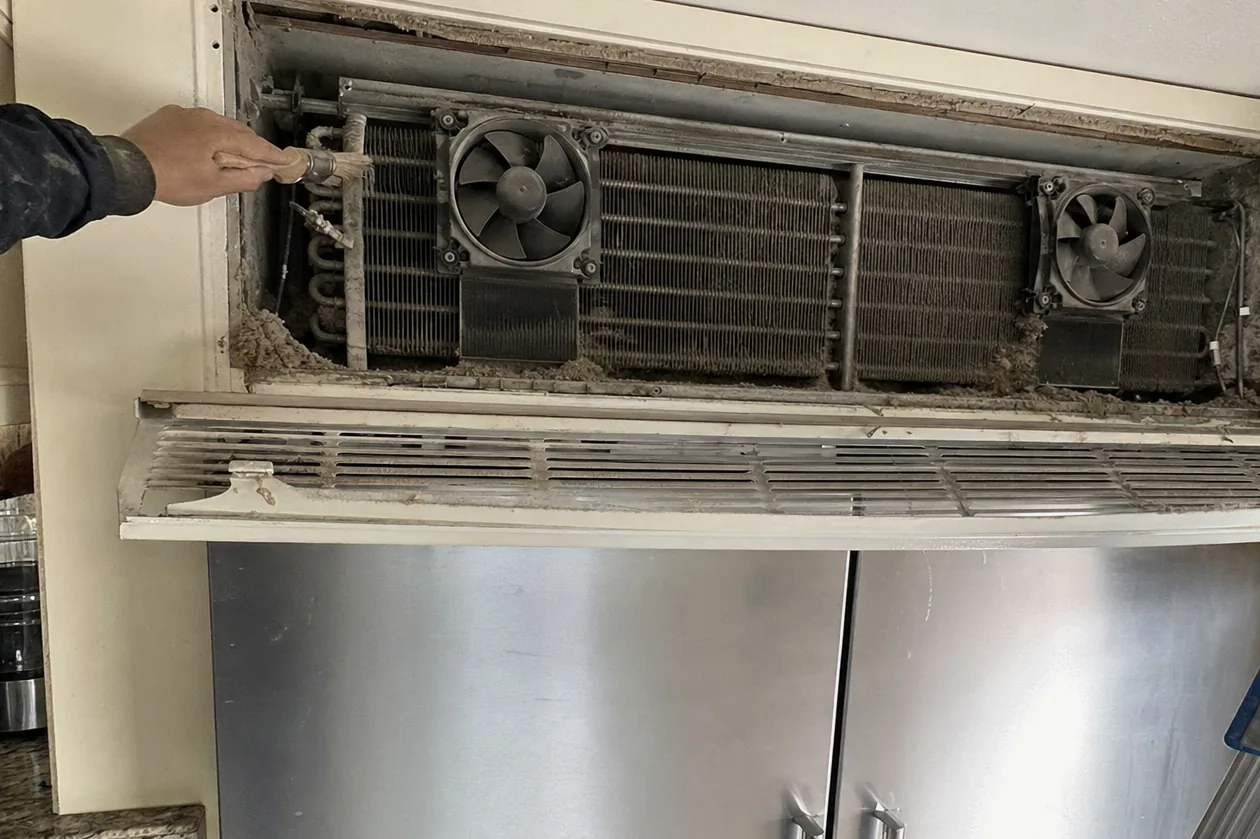 A full-height stainless built-in refrigerator with its top grille removed, the condenser deck open above the doors and a technician’s arm reaching in at the right.