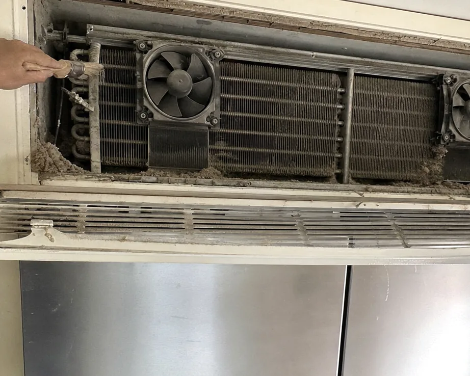 A tight frame on a condenser coil where the fin edges have gone dull and pitted under a grey felt of lint, a brush held against them.