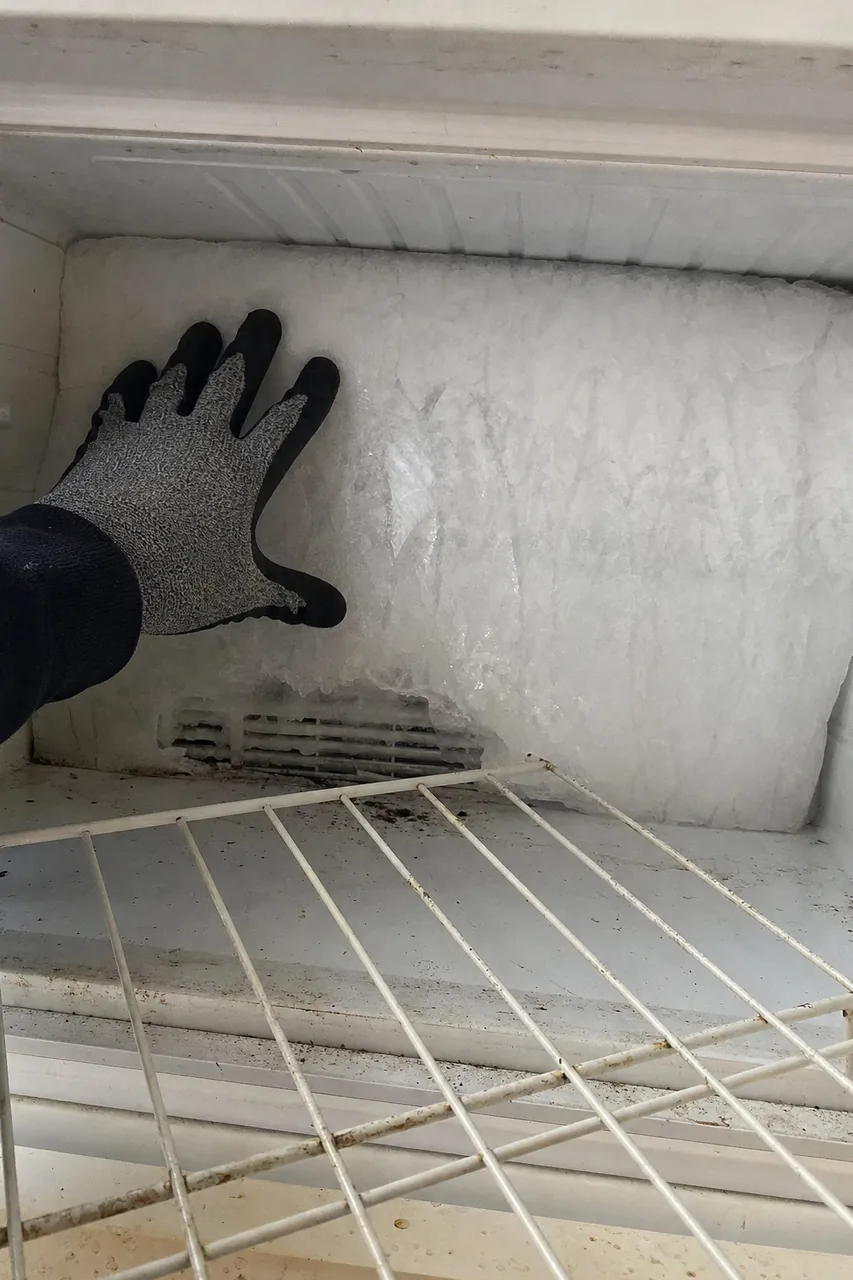 The inside of a freezer column sheeted in white frost across the entire rear wall, a gloved hand resting flat against the ice and a wire shelf pulled forward below.