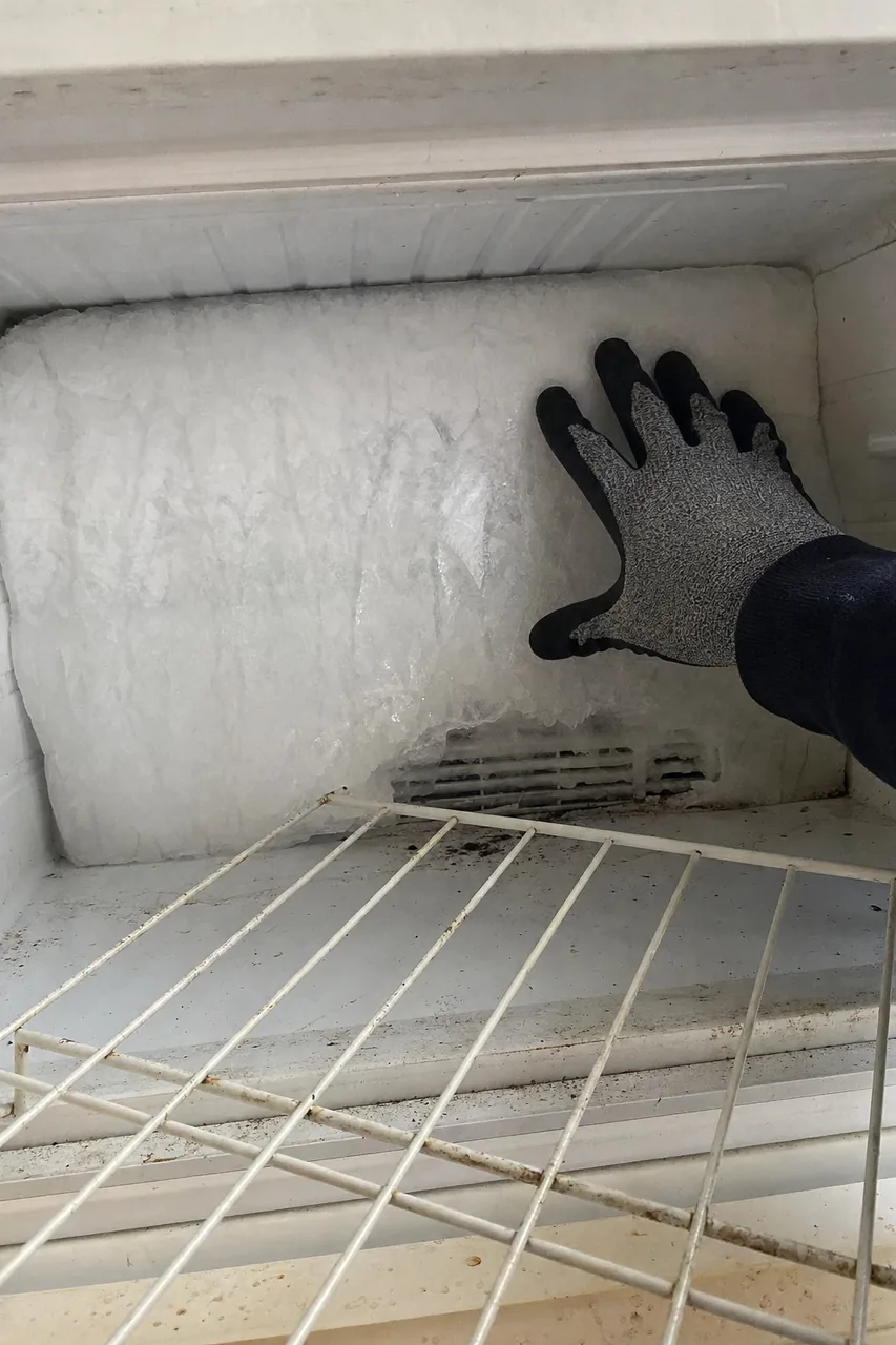 A thick slab of clear and white ice built out from the back wall of a freezer compartment, burying the vent grille at its base, with a gloved hand for scale.