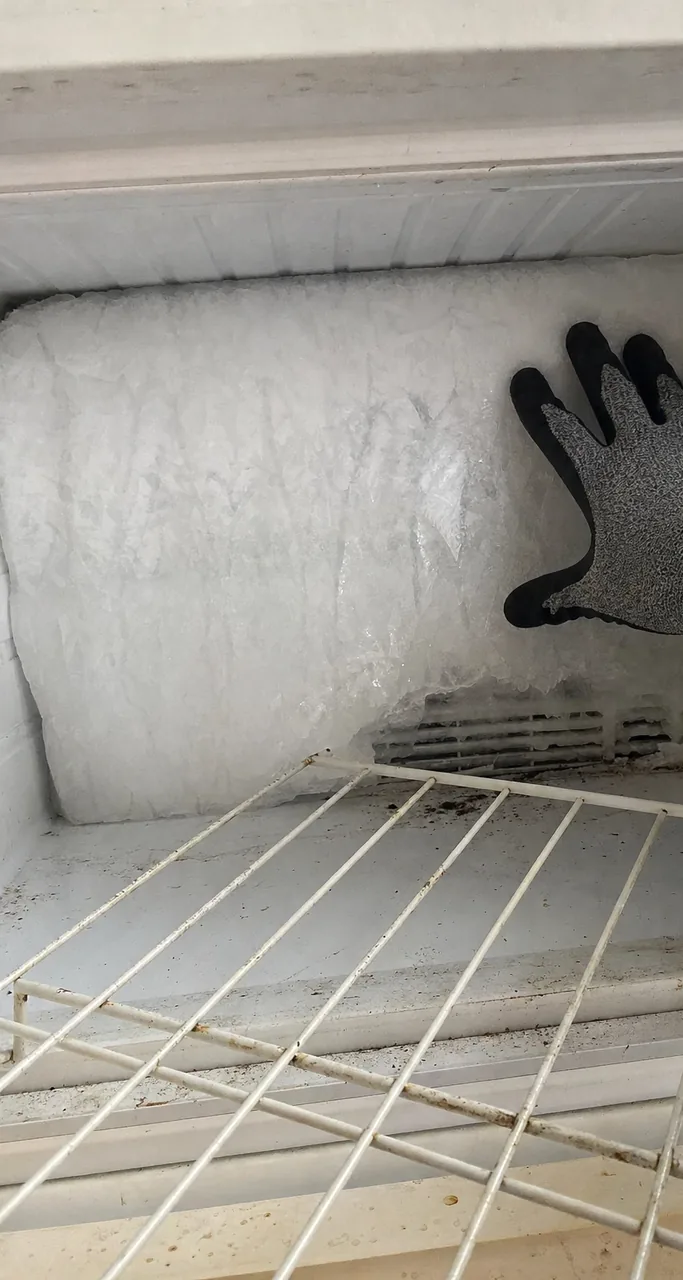 A frosted freezer wall photographed from the side, the buried vent grille at its base and a white wire shelf in the foreground streaked with old spills.