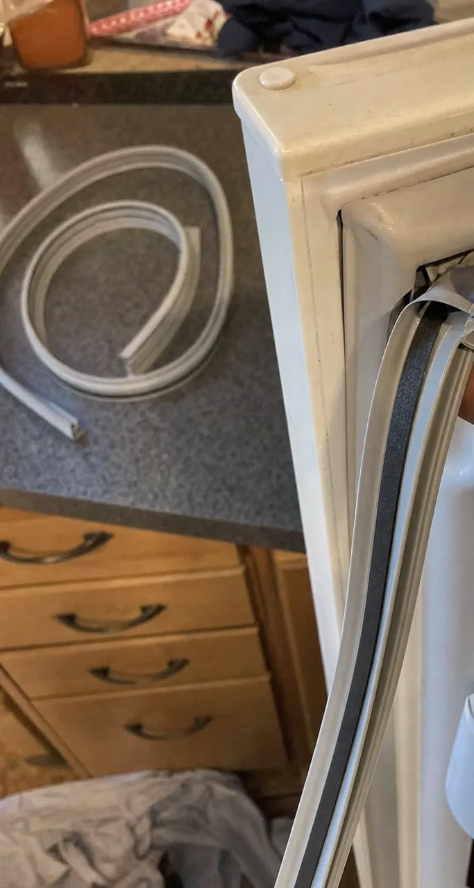 A white refrigerator door held open with its gray gasket partly pulled from the frame, a coiled replacement seal lying on a speckled countertop beside it.