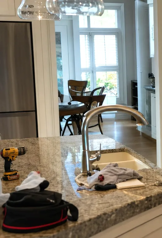 A view along a kitchen island toward an open doorway and a dining area, cabinet fronts below the stone and daylight coming in from the far room.