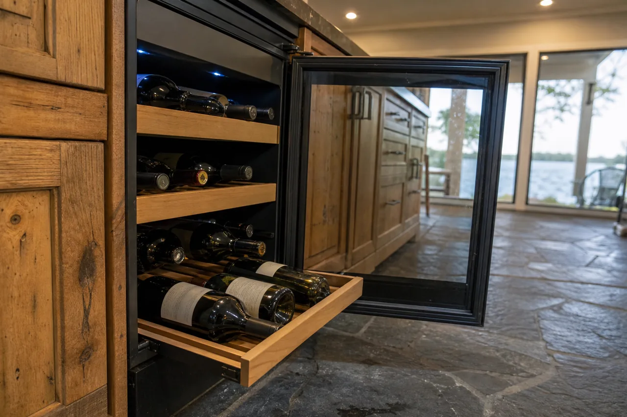 An undercounter wine cabinet set into weathered wood cabinetry, its black-framed glass door swung wide and the lowest wooden rack of bottles pulled out over a slate floor.